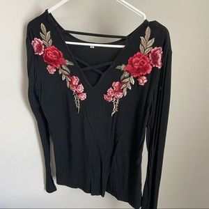 Size S Embroidered Floral Strappy Long Sleeve